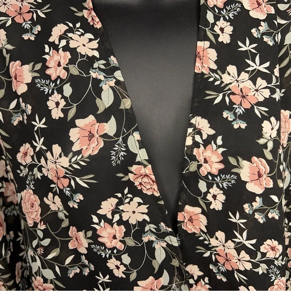 CL WALLFLOWER BLACK PINK KIMONO BLOUSE TOP OPEN FRONT FLOWY